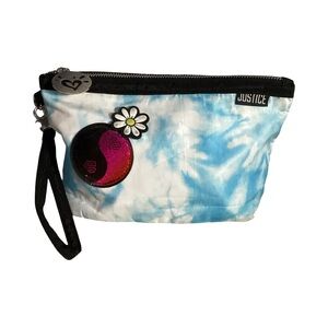 Justice Blue & White Tie Dye Daisy Patches Clutch Wristlet Cosmetic Bag